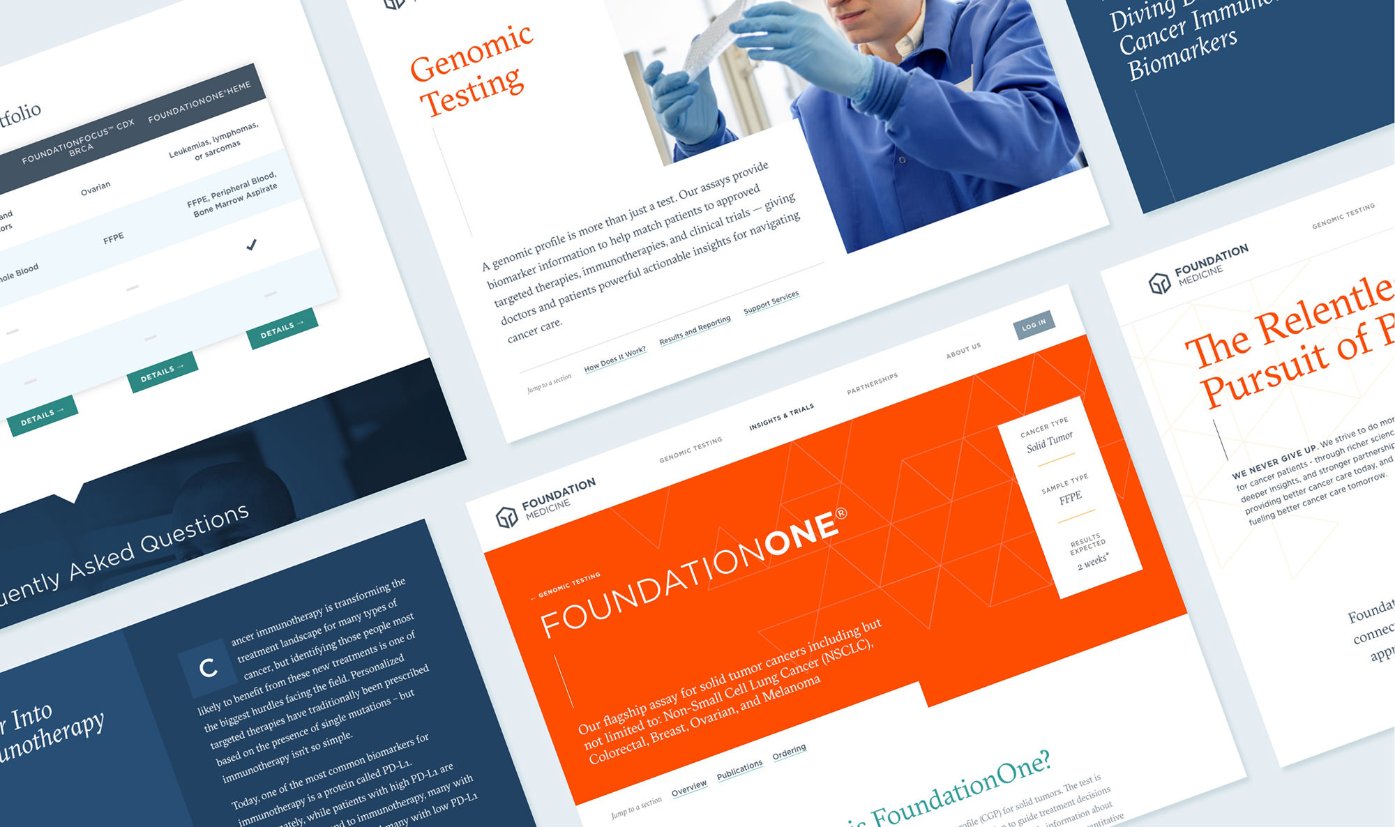 Tiled grid of screenshots from the homepage, Genomic Testing page, and FoundationOne page