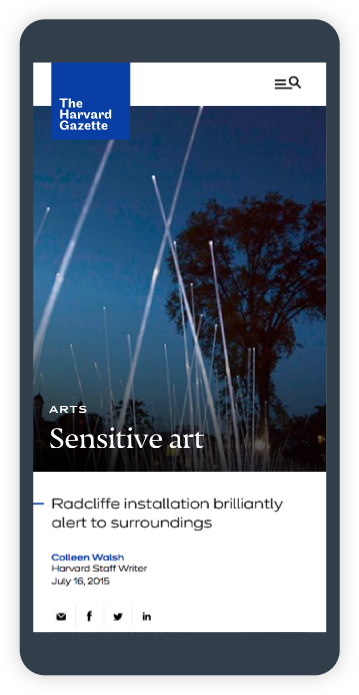 Harvard Gazette article titled Sensitive Art: Radcliffe installation brilliantly alert to surrounds (in iPhone)