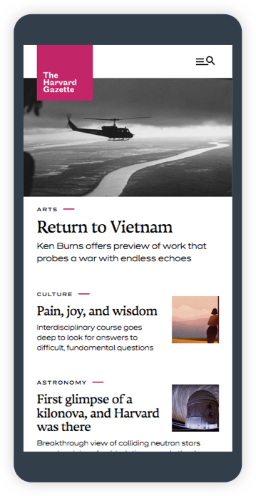 Harvard Gazette home page (in iPhone)
