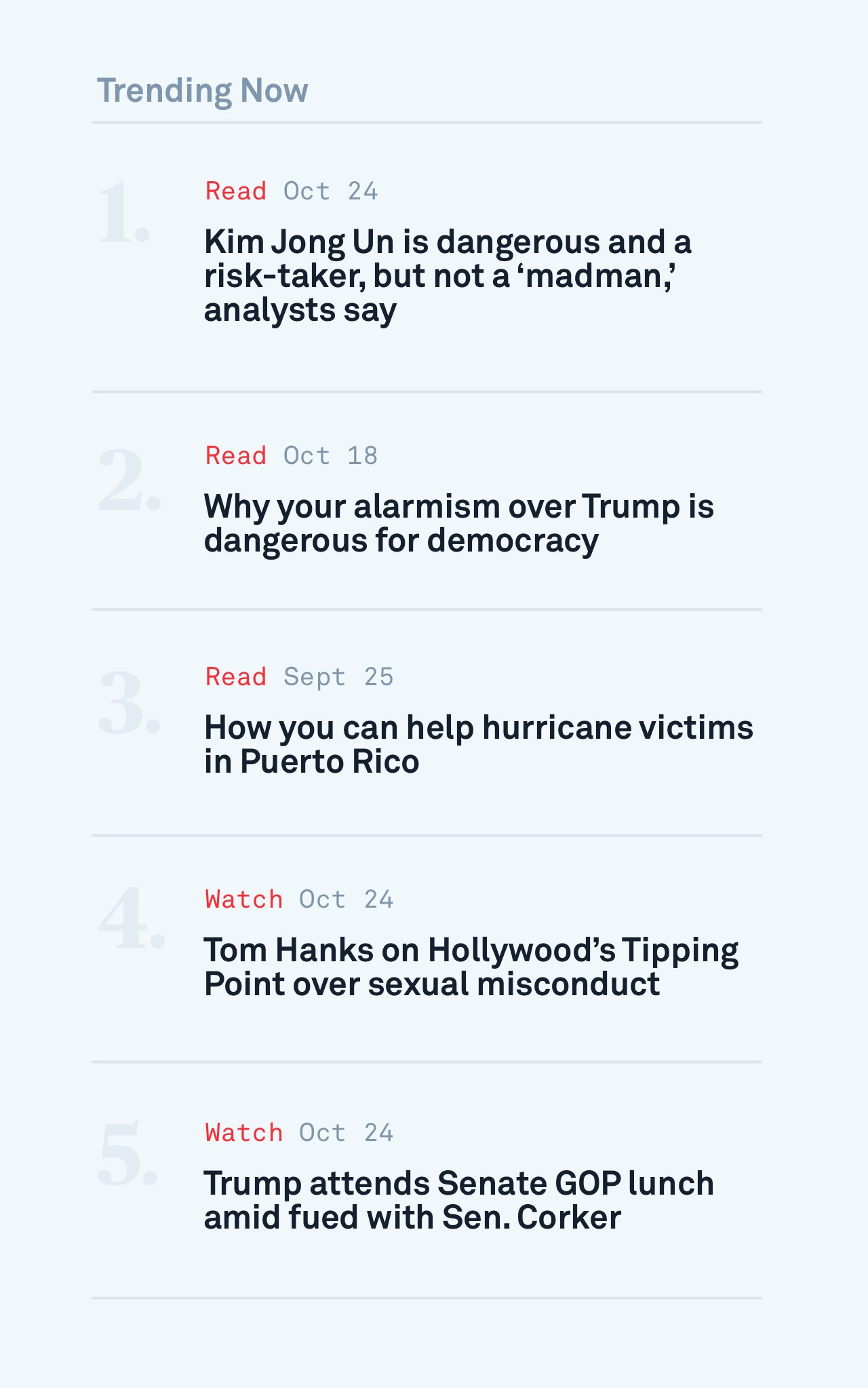Screenshot of an example trending topics list from the PBS NewsHour site.