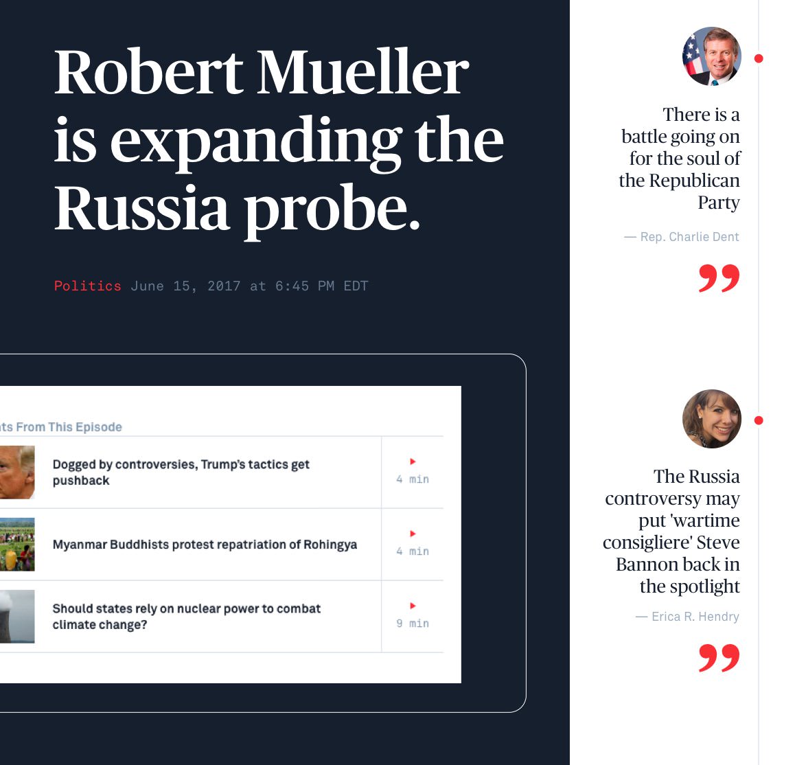 Screenshot from the PBS newshour site that reads, 'Robert Mueller is expanding the Russia probe', and shows a smartphone view of episode segments.