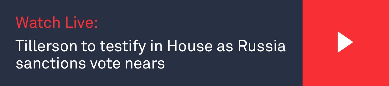 Screenshot from the PBS NewsHour site that reads, 'Watch Live: Tillerson to testify in House as Russia sanctions vote nears'.
