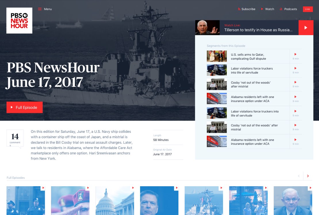 Screenshot of the PBS NewsHour full episode page from June 17, 2017.
