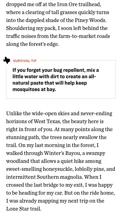 Pullquote: if you forget your bug repellant, mix a little water with dirt to create an all-natural paste that will help keep mosquiteoes at bay