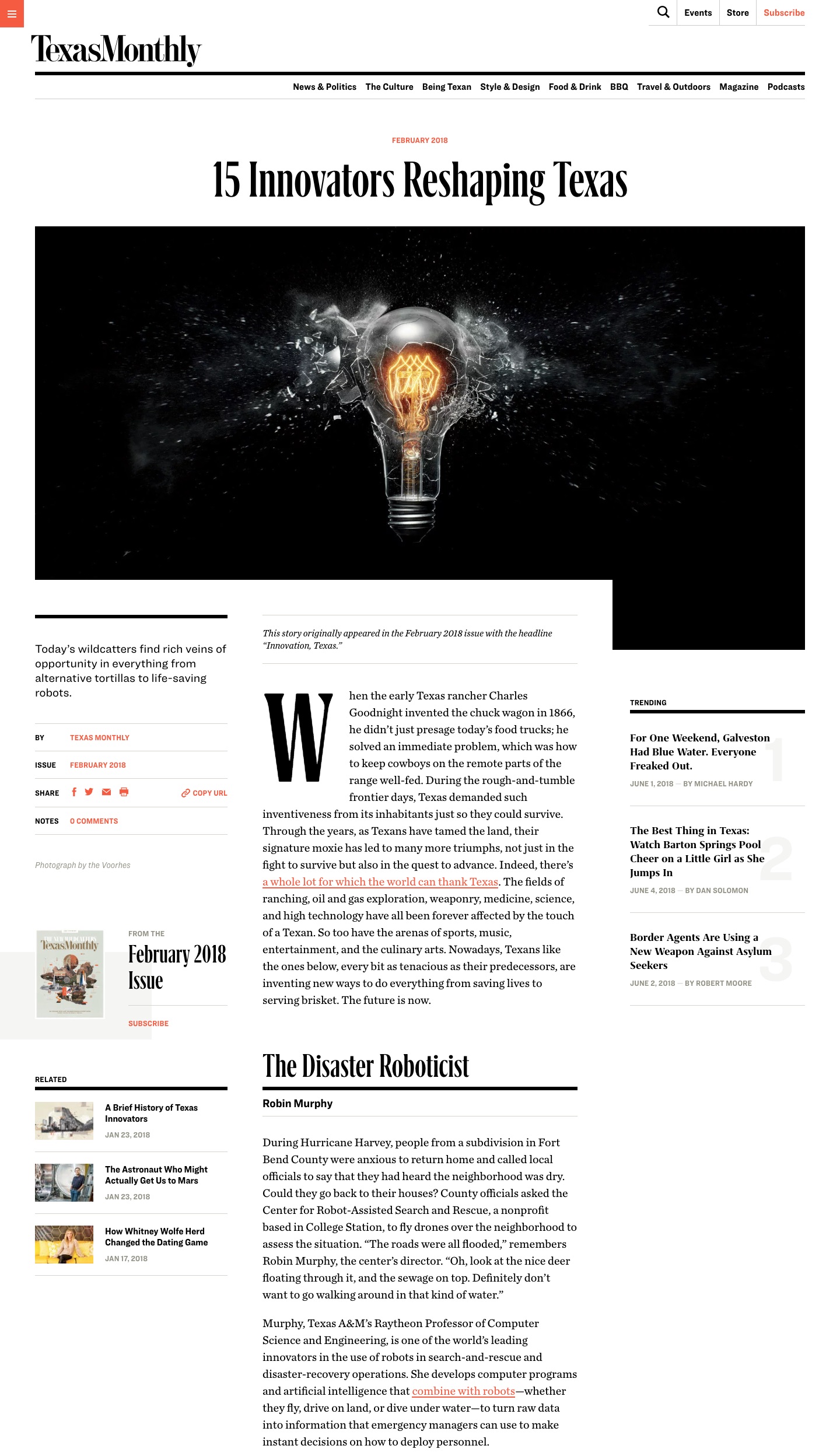 Texas Monthly article: 15 Innnovators Shaping Texas