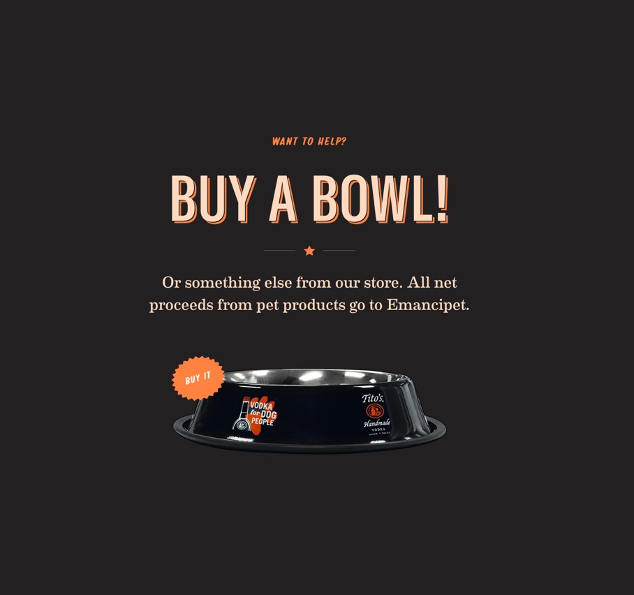 Promo to buy a dog bowl for charity on titosvodka.com
