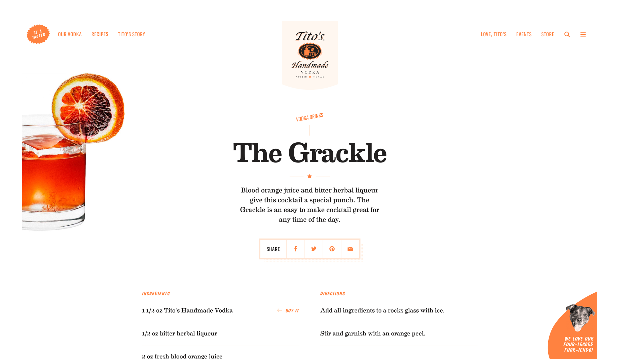 Screenshot of a recipe on titosvodka.com