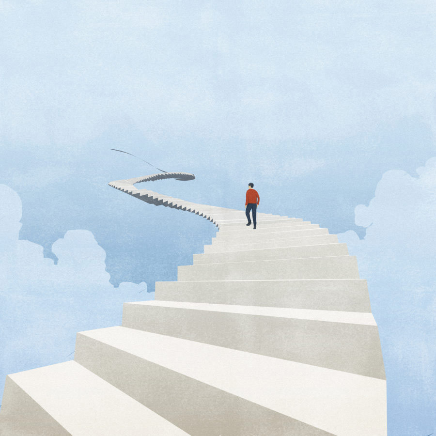 Abstract illustration of a person ascending an infinite staircase into the sky.
